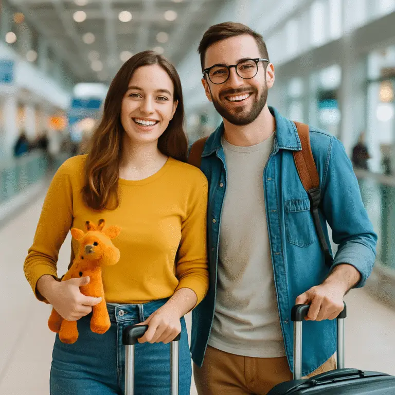 Casal de viajantes felizes no aeroporto